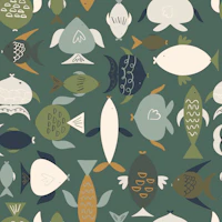 Moody Coastal Fish on Forest Green for boys wallpaper