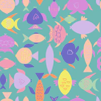 Bright Whimsical Fish on Teal and Purple wallpaper