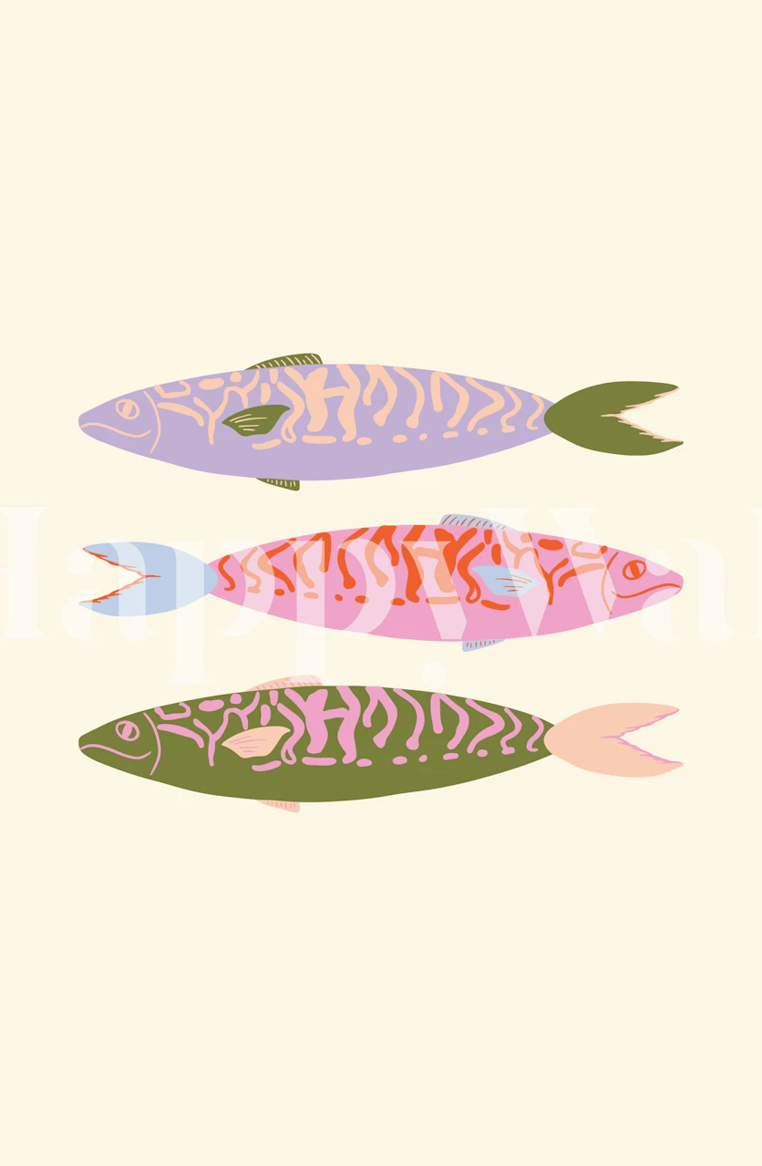 Retro sardine fish wallpaper in a cream room