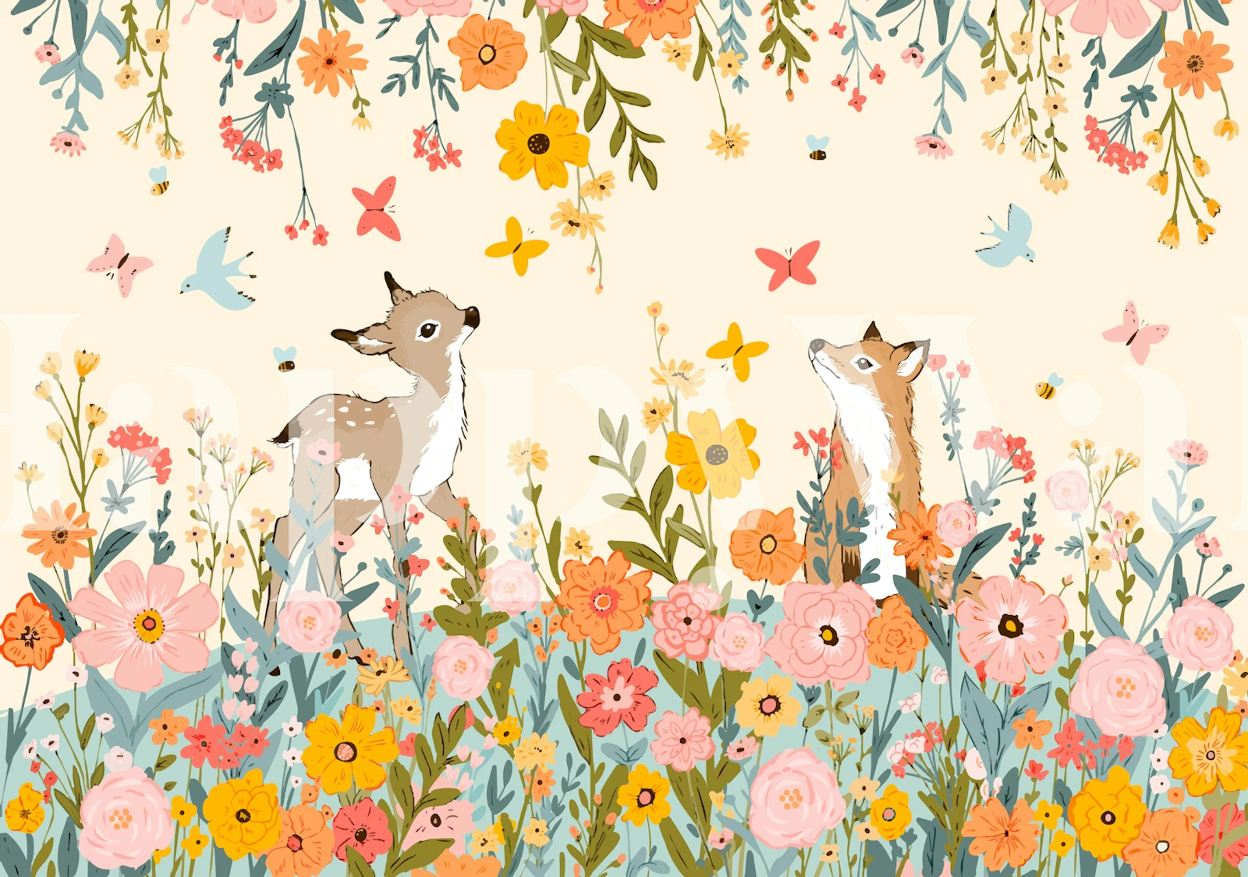 Ivory nursery wallpaper with deer and fox