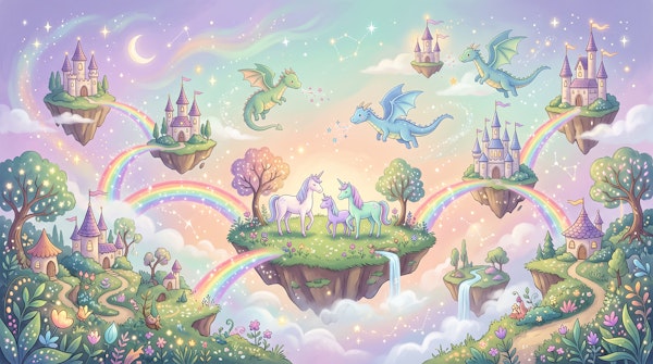 Pastel sky dragons and castles