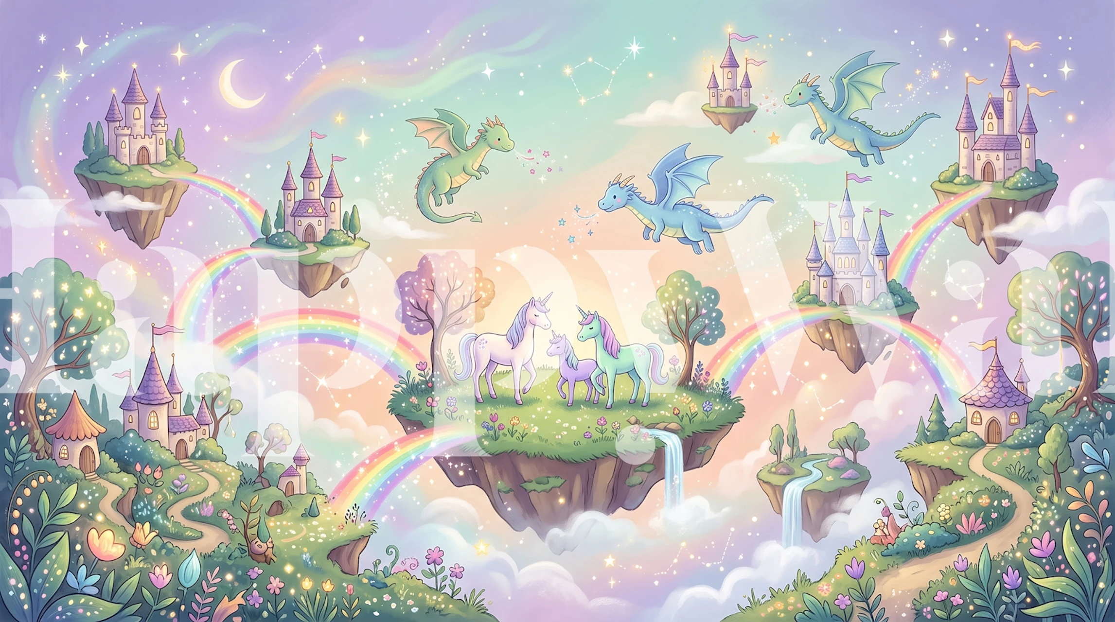 Pastel fantasy wallpaper in a dreamy kids room