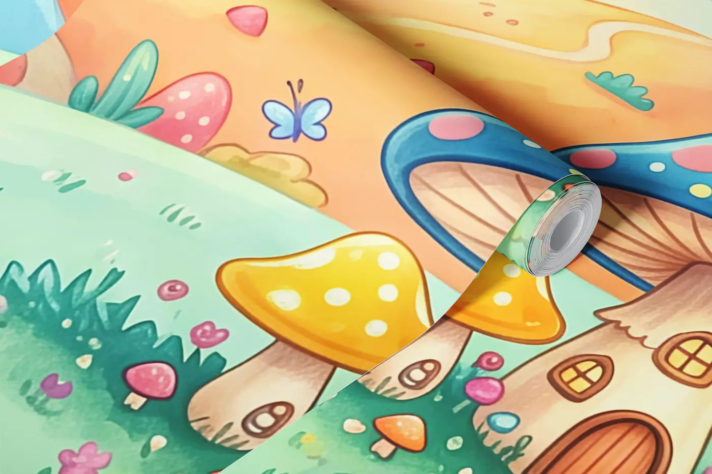Pastel fairy forest mushroom houses wallpaper roll