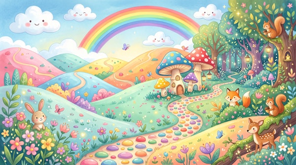 Pastel fairy forest mushroom houses