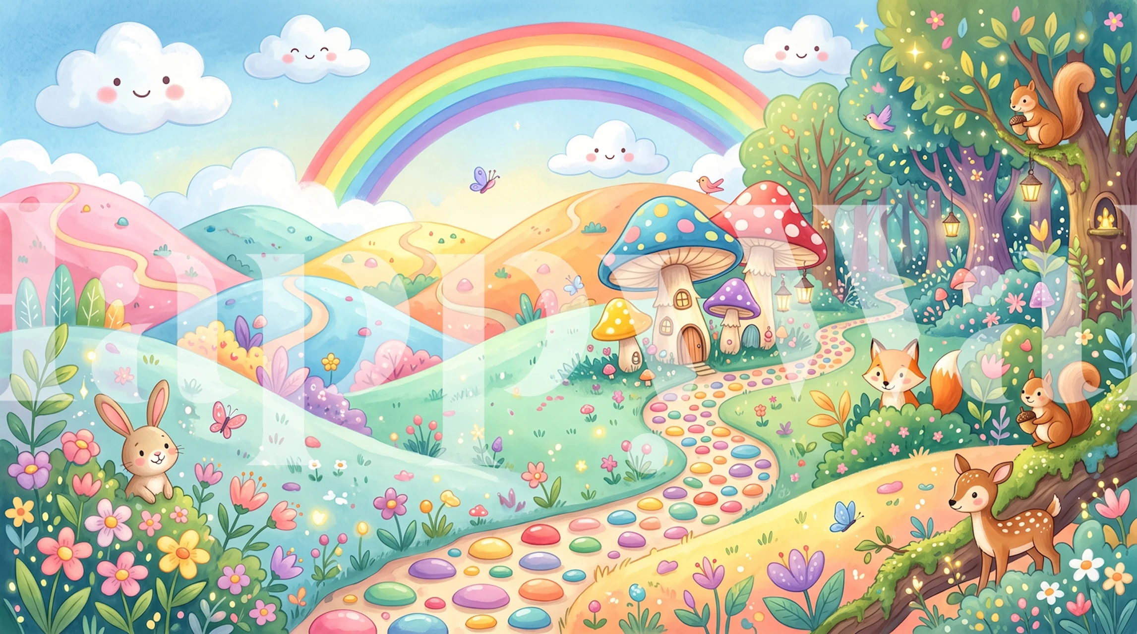 Pastel forest wallpaper in a playful kids room
