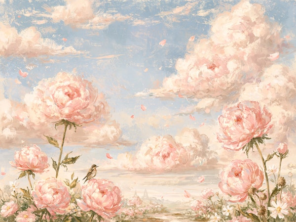 Sky blue peonies and clouds