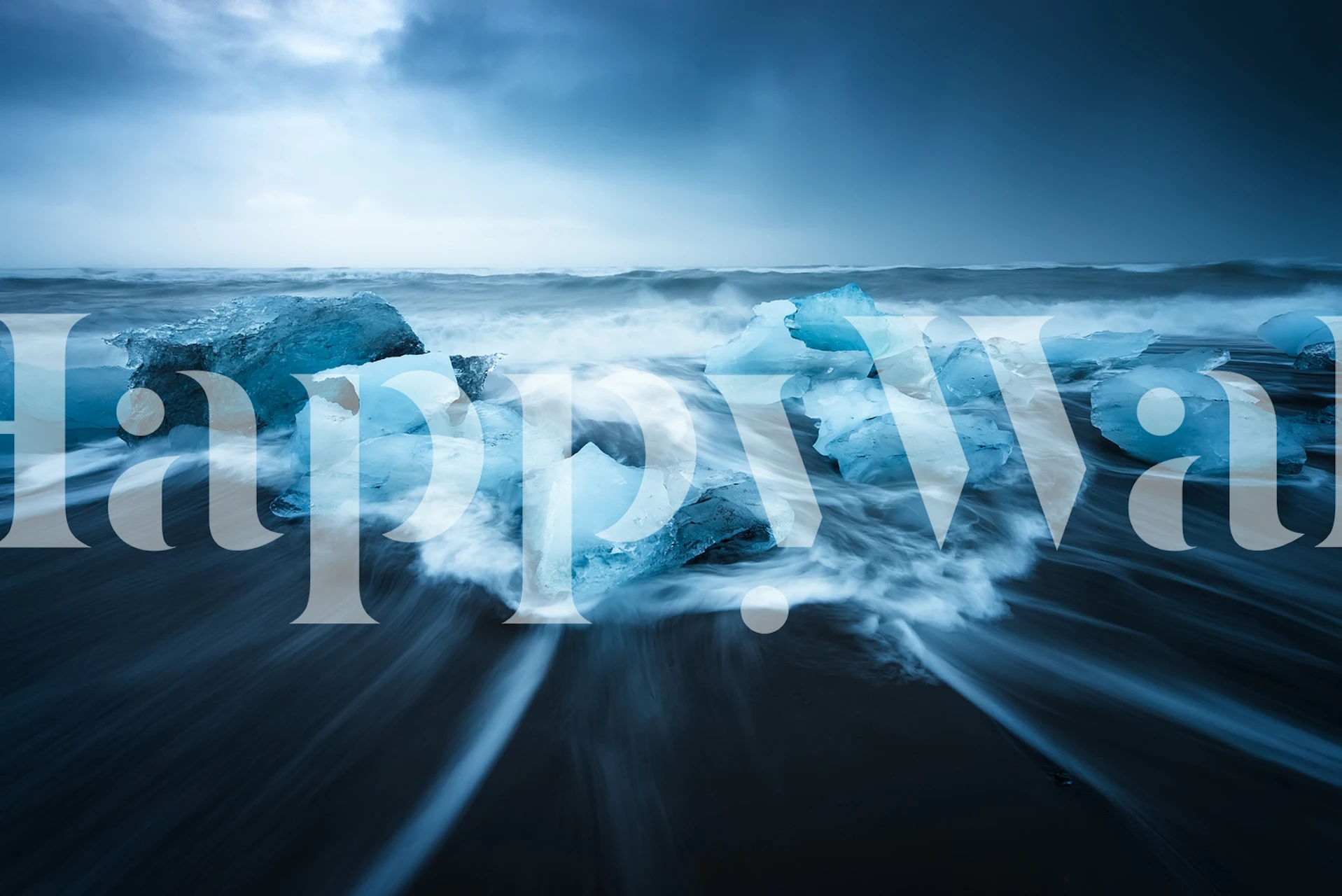 Dynamic blue ice wall mural with sea waves splashing over icy formations