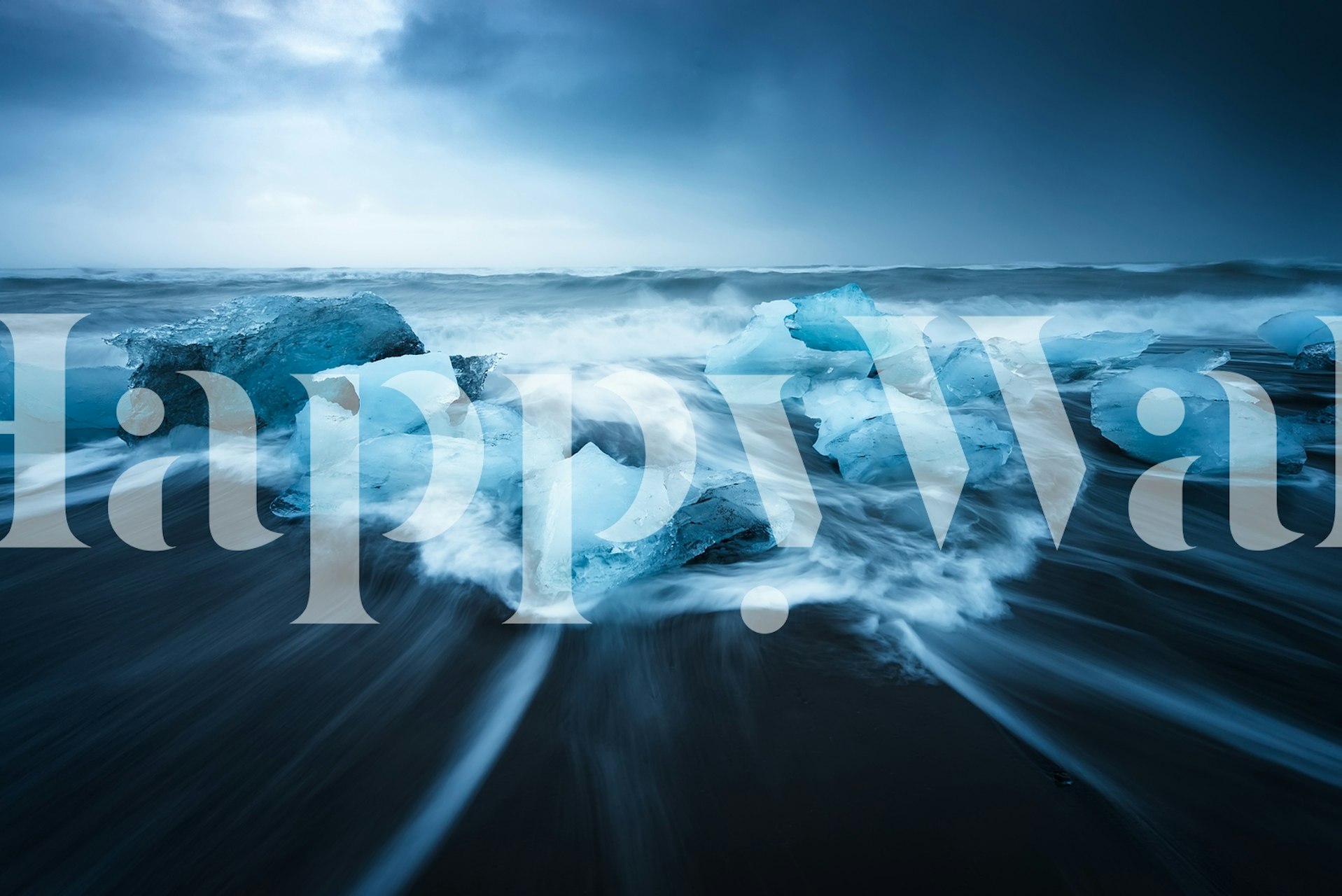 Dynamisk blå is-vægmaleri med havbølger, der plasker over iskolde formationer