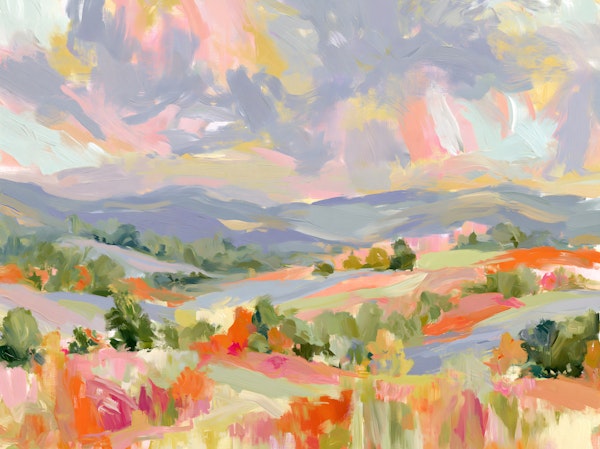 Mint green field under lavender clouds