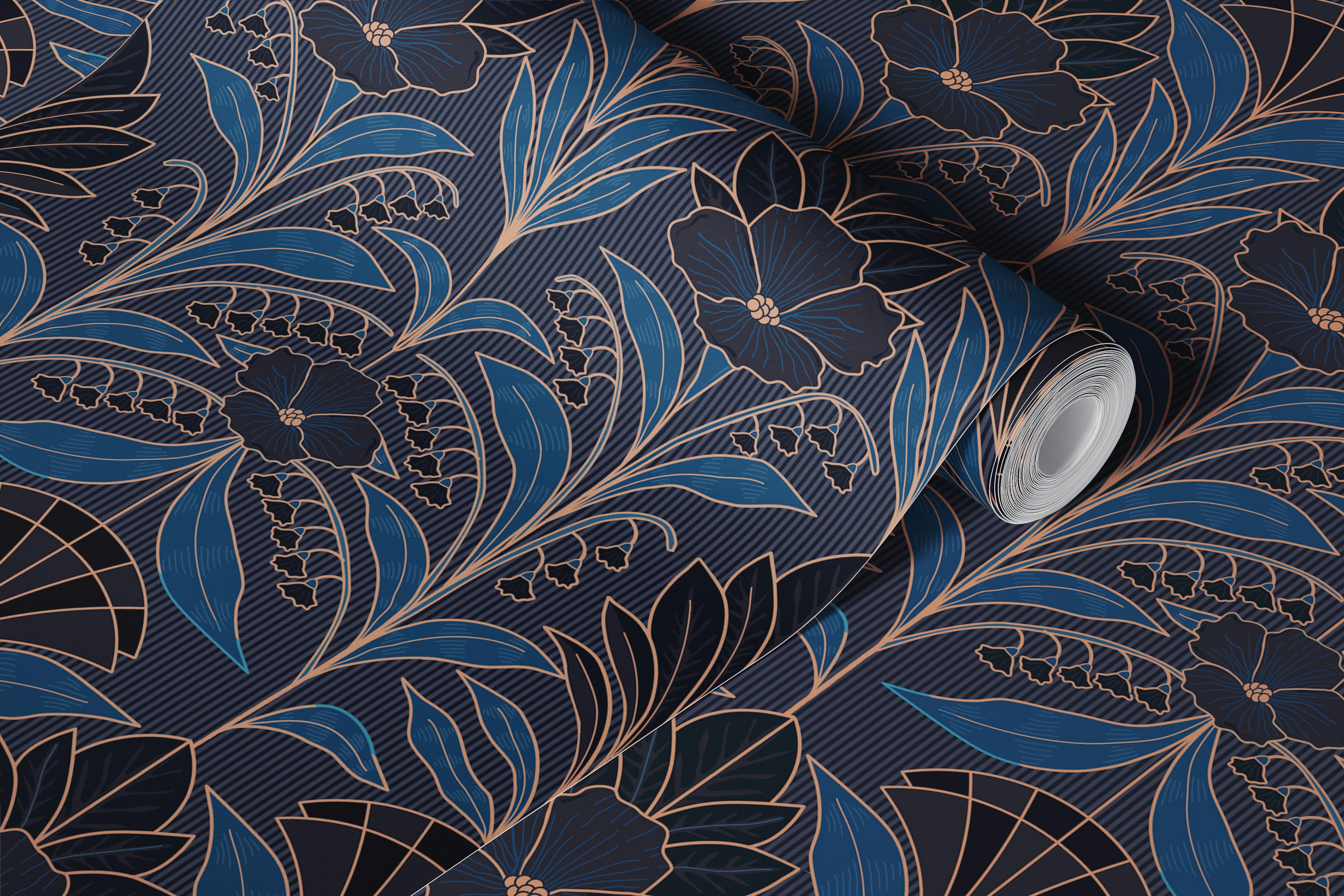 Midnight blue art deco floral wallpaper in a room