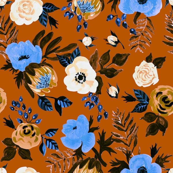 Burnt orange blue flower branches