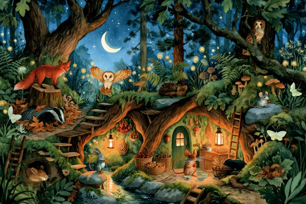 Midnight blue enchanted forest tree house