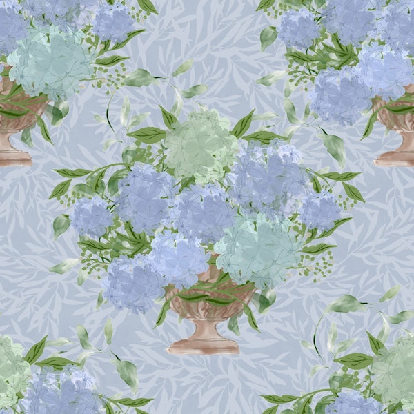 Hydrangea Bouquets in Urns - Blue Foliage