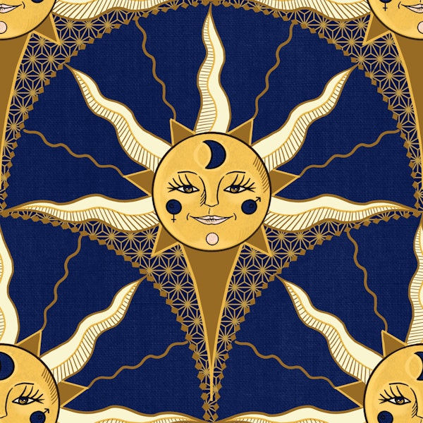 Navy blue celestial sun and moon