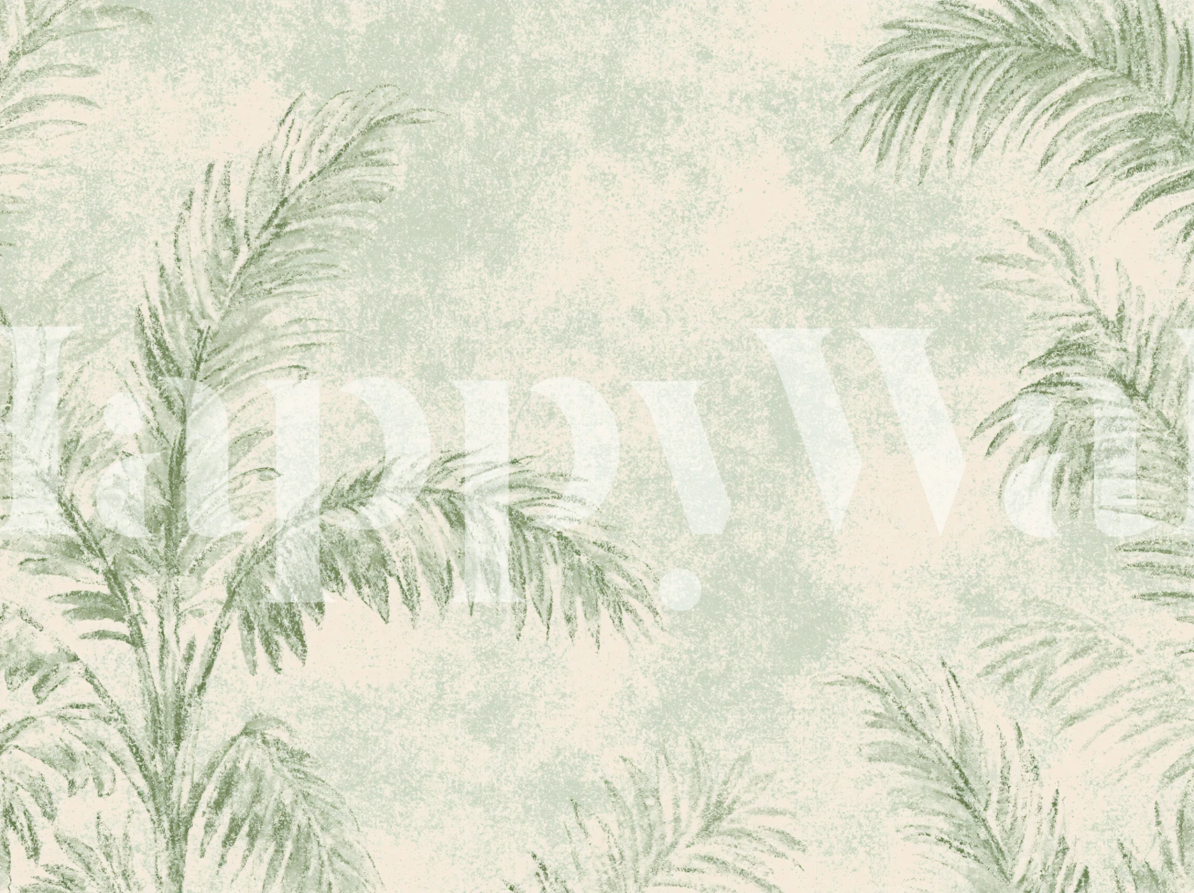 Sage green palm frond wallpaper in a soft room