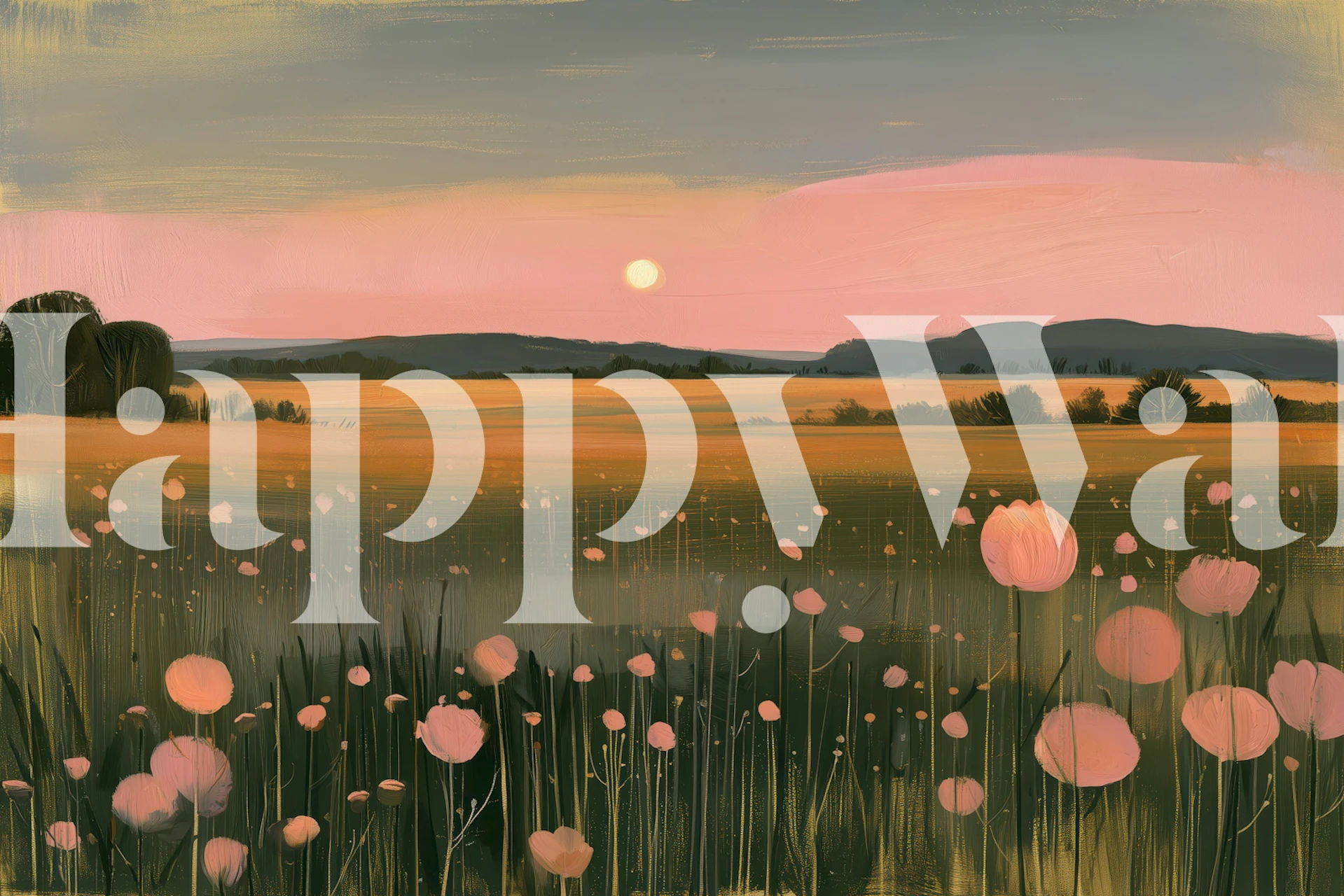 Pink meadow sunset wallpaper in a styled room