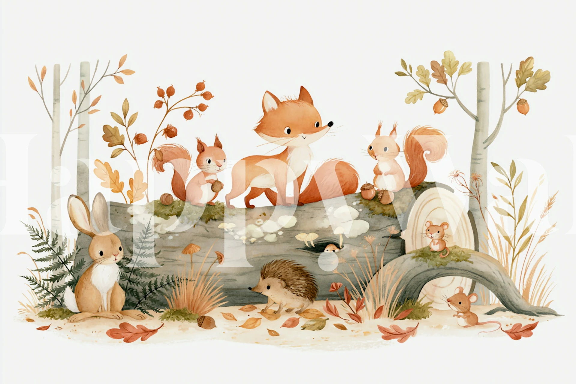 Woodland fox nursery wallpaper in beige room