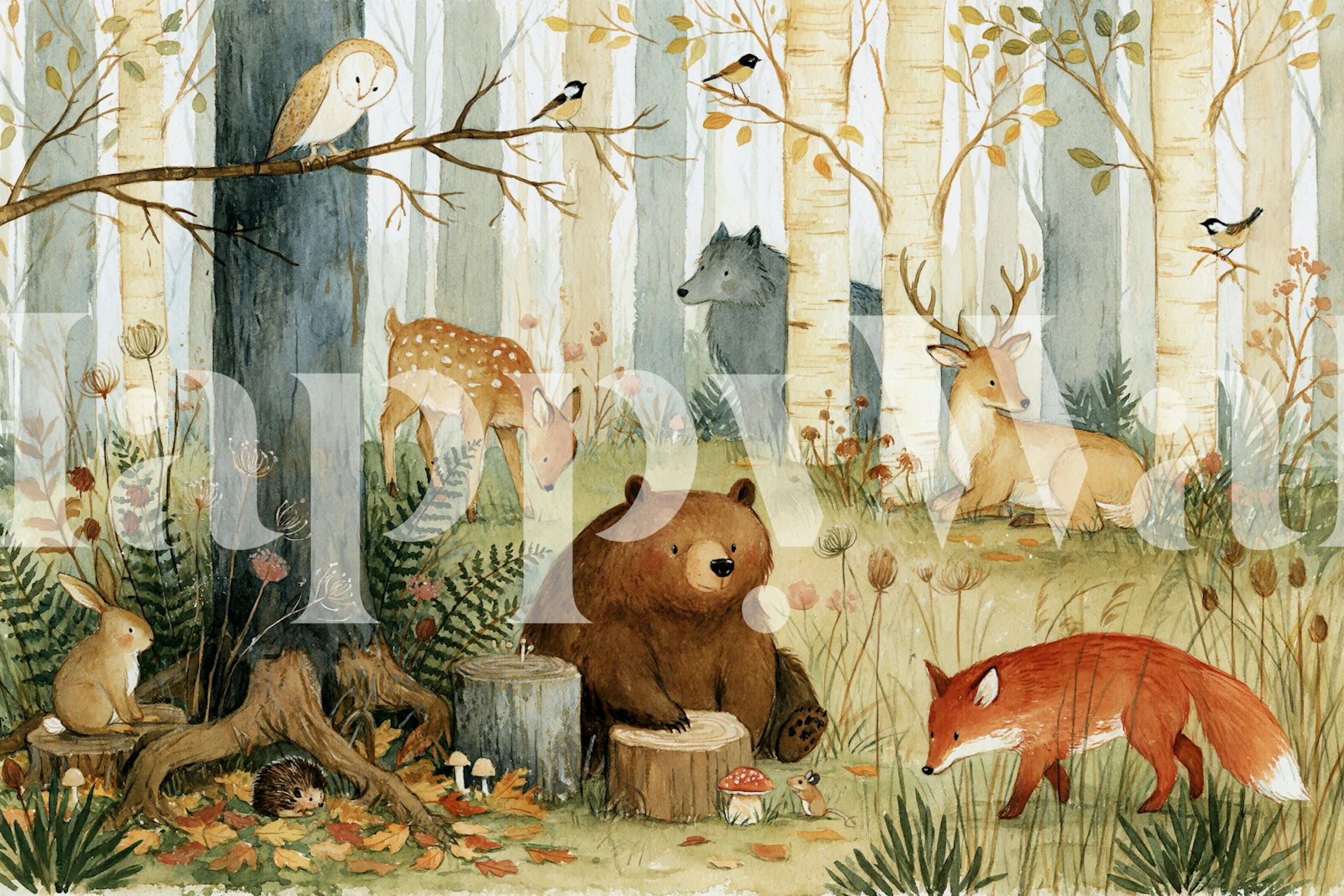 Woodland animal wallpaper in a nursery room