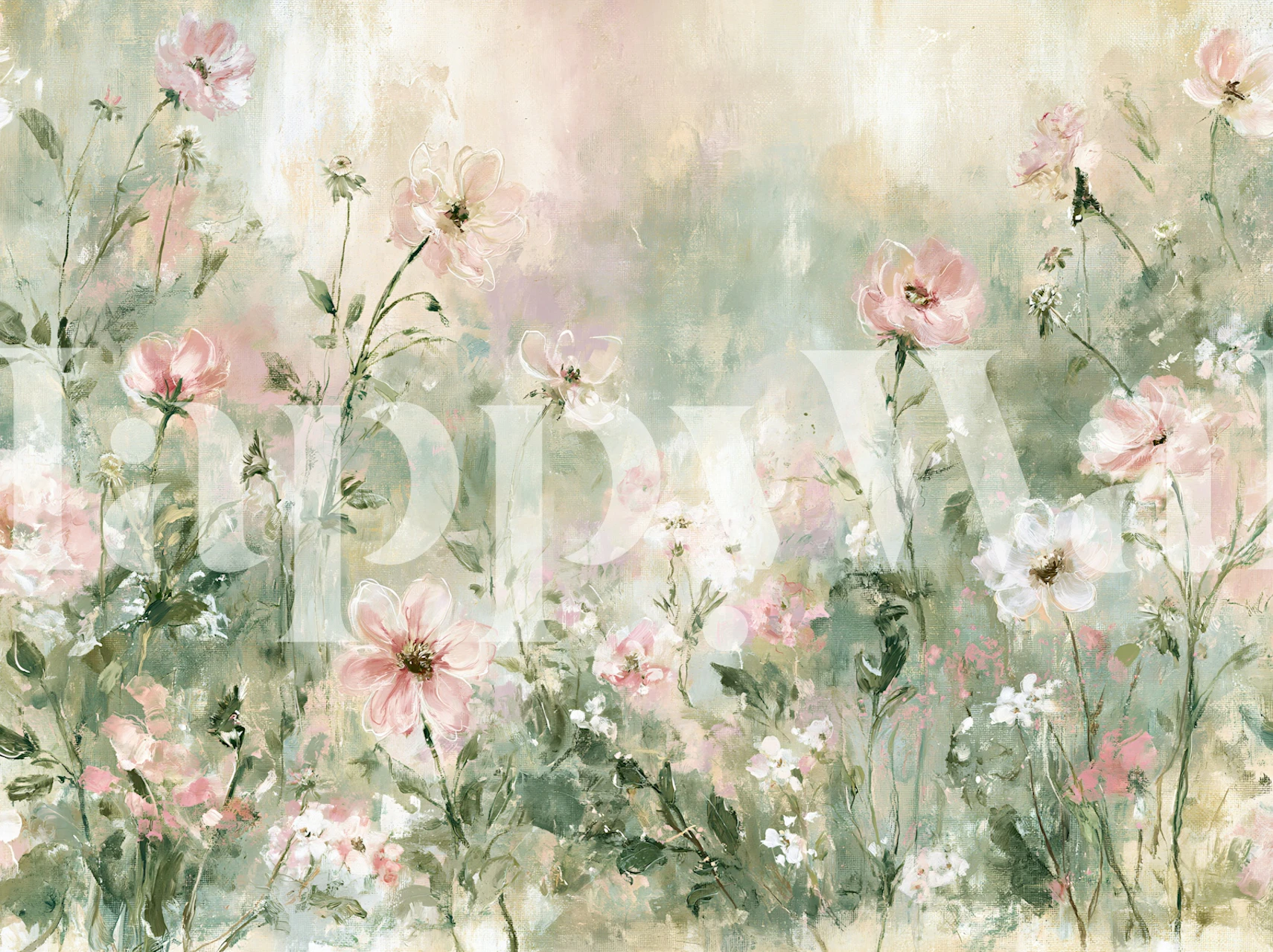 Sage green wildflower wallpaper in a soft room