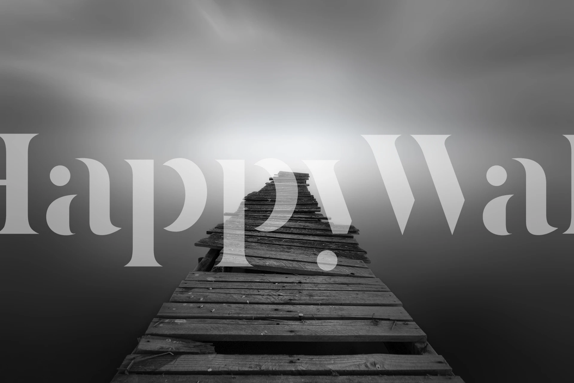 Mural de parede monocromático do cais que se estende até o horizonte enevoado