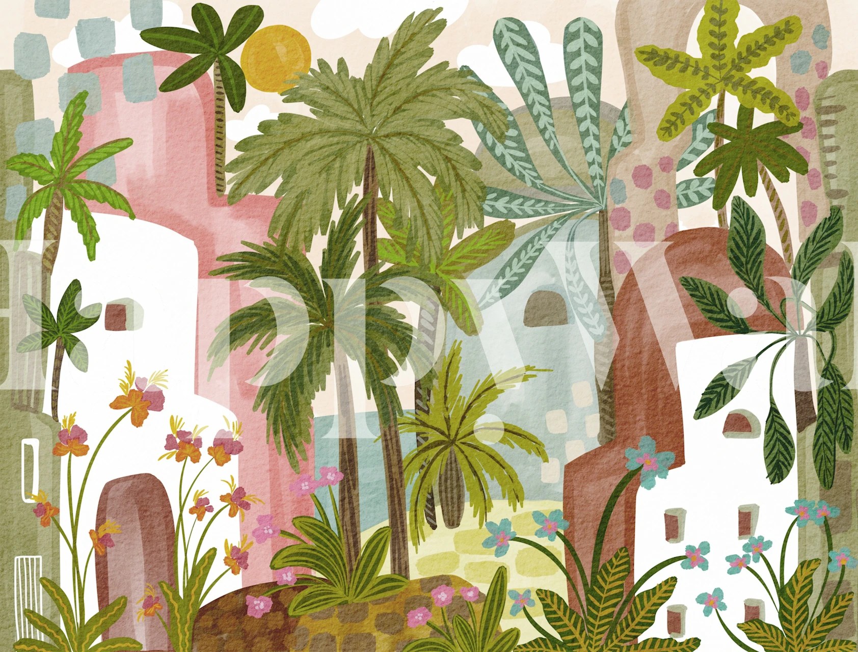 Sage green palm tree wallpaper with painted arches