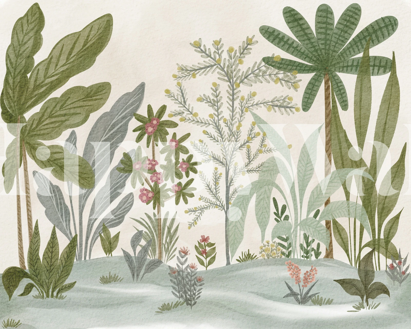Sage green tropical leaf wallpaper in a room