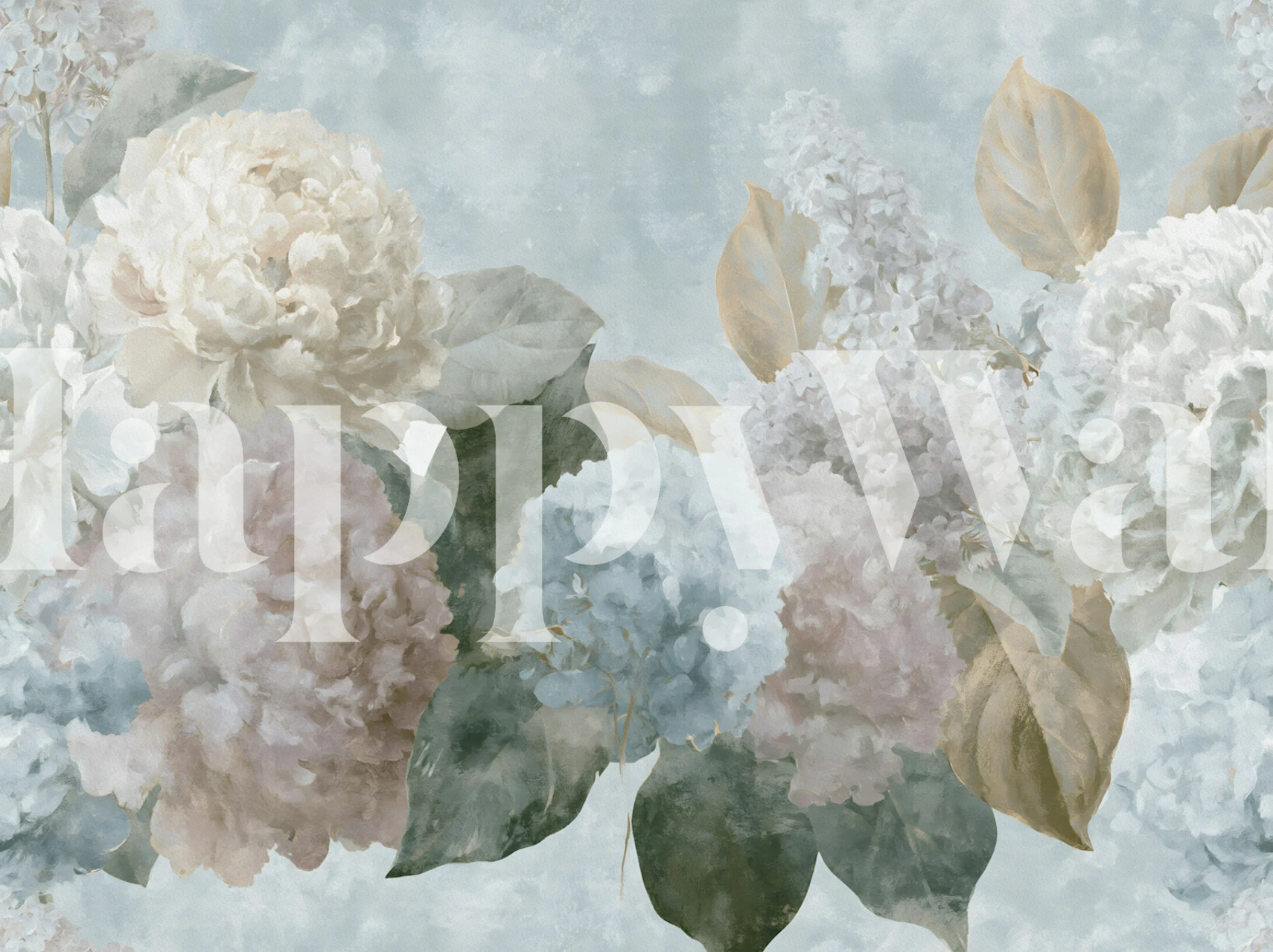 Dusty blue peony floral wallpaper in a room