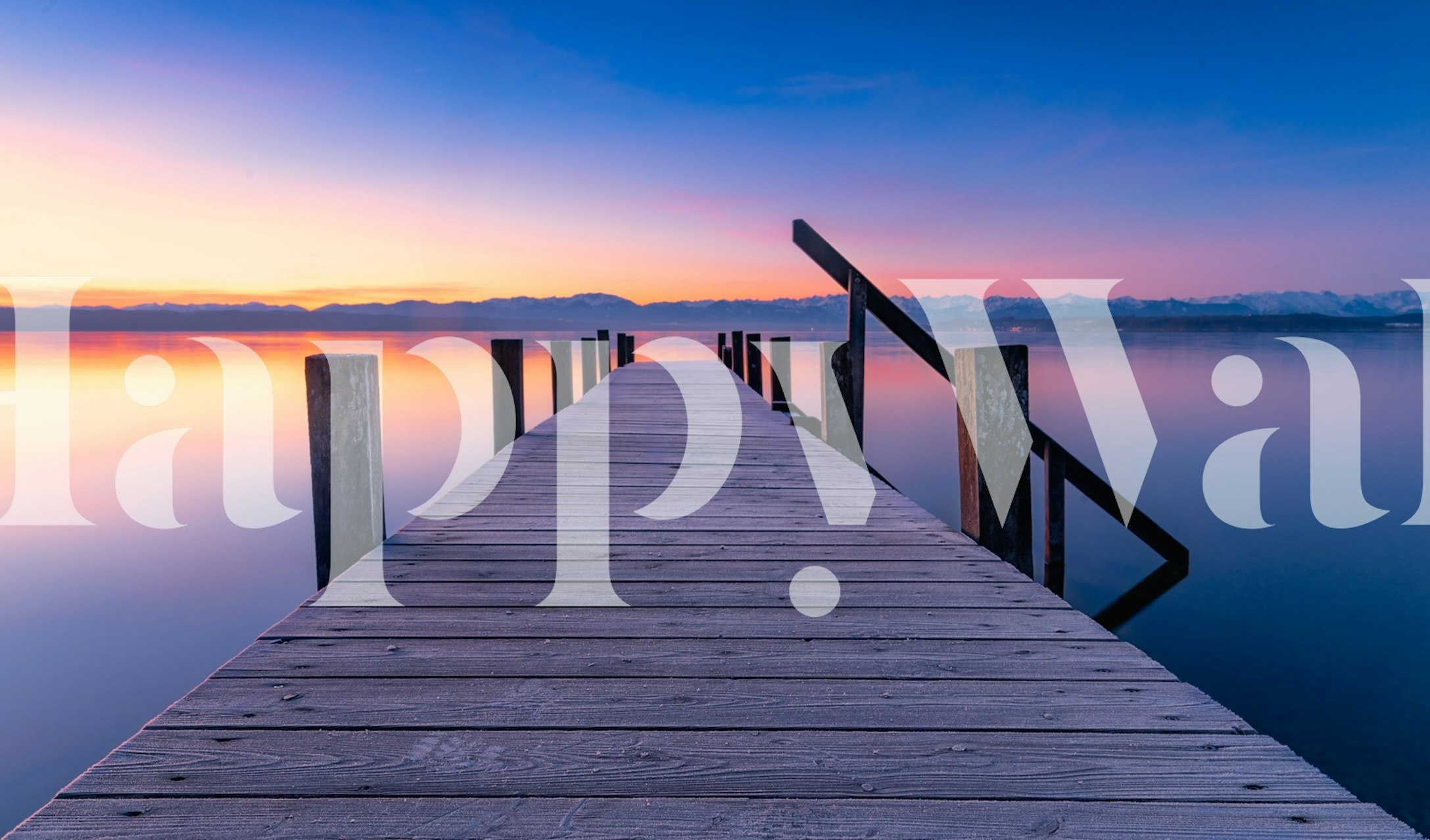 Wooden dock extending into calm lake with sunset colors, tranquil wallpaper