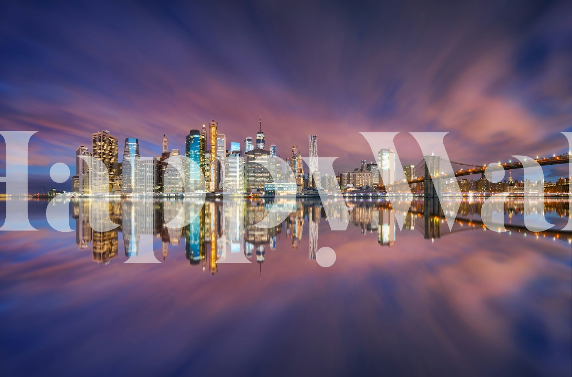 Fototapete der Skyline der Stadt mit reflektierendem Wasser, das in der Abenddämmerung eine lebendige Szene schafft