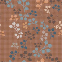 Colorful berry branches on taupe gingham wallpaper
