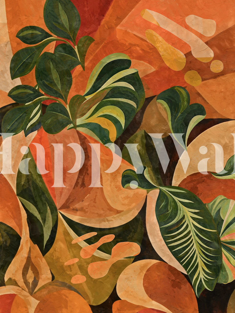 Terracotta tropical leaves wallpaper in a room