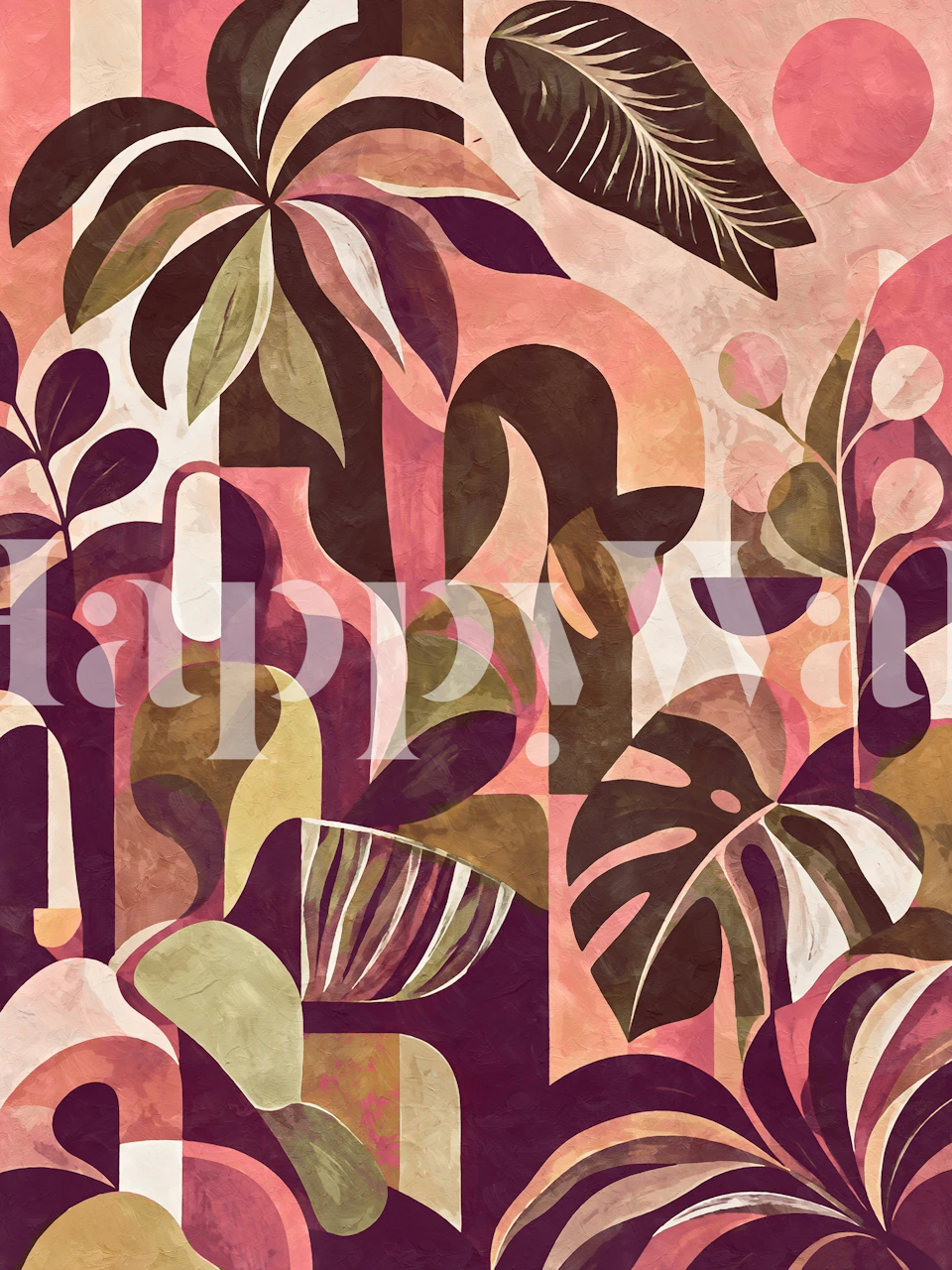 Blush pink tropical leaf wallpaper in a room