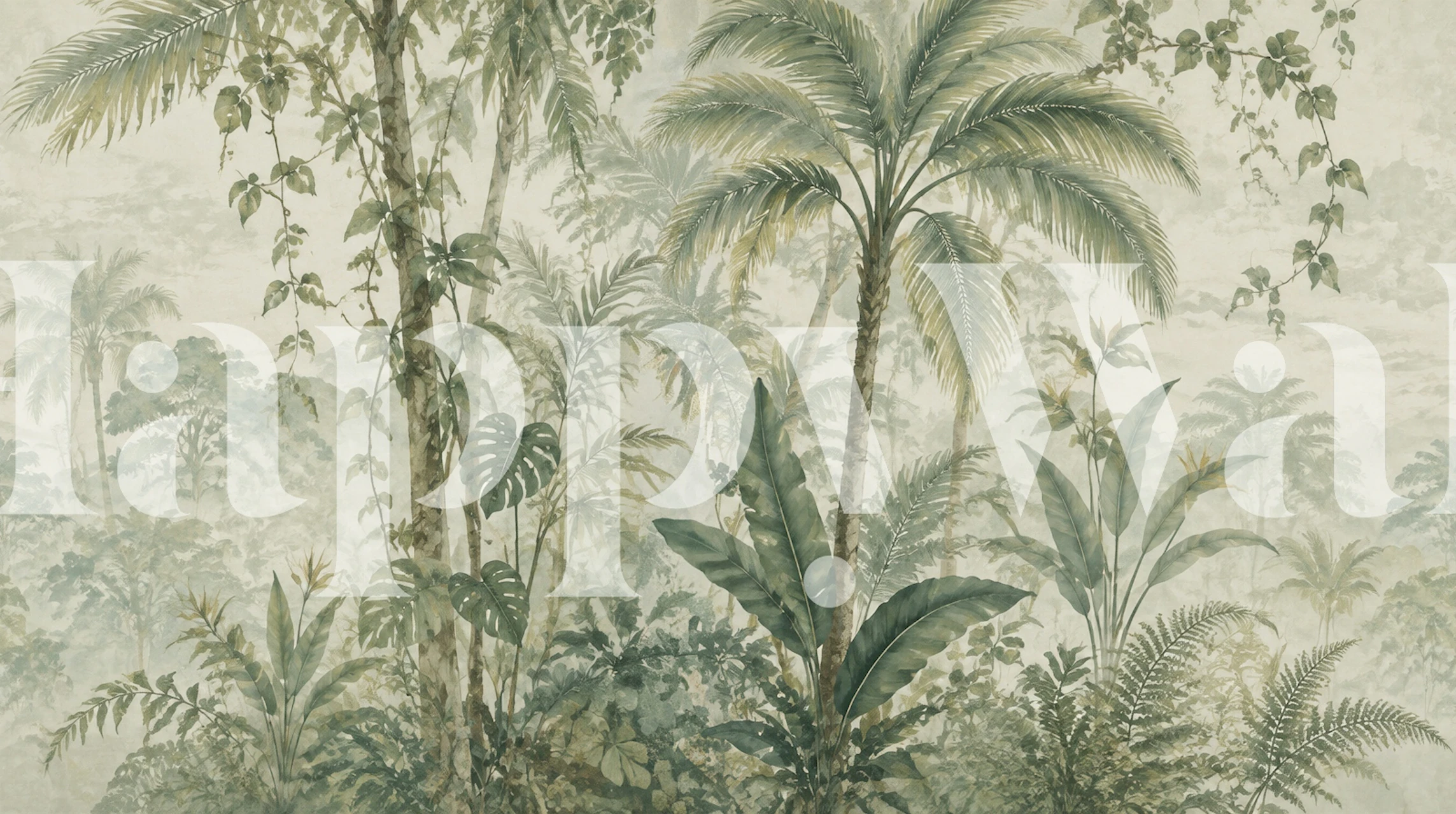 Sage green rainforest tree wallpaper in a bedroom