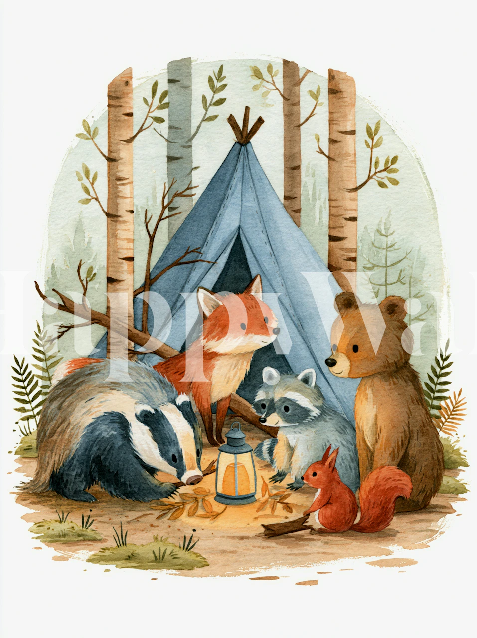 Woodland animal wallpaper in nursery with blue tent
