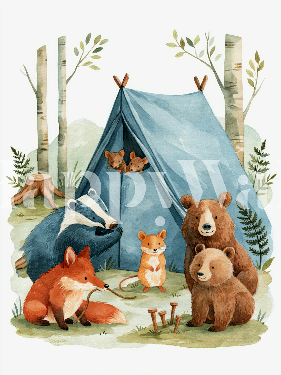 Woodland nursery wallpaper with blue tent in room