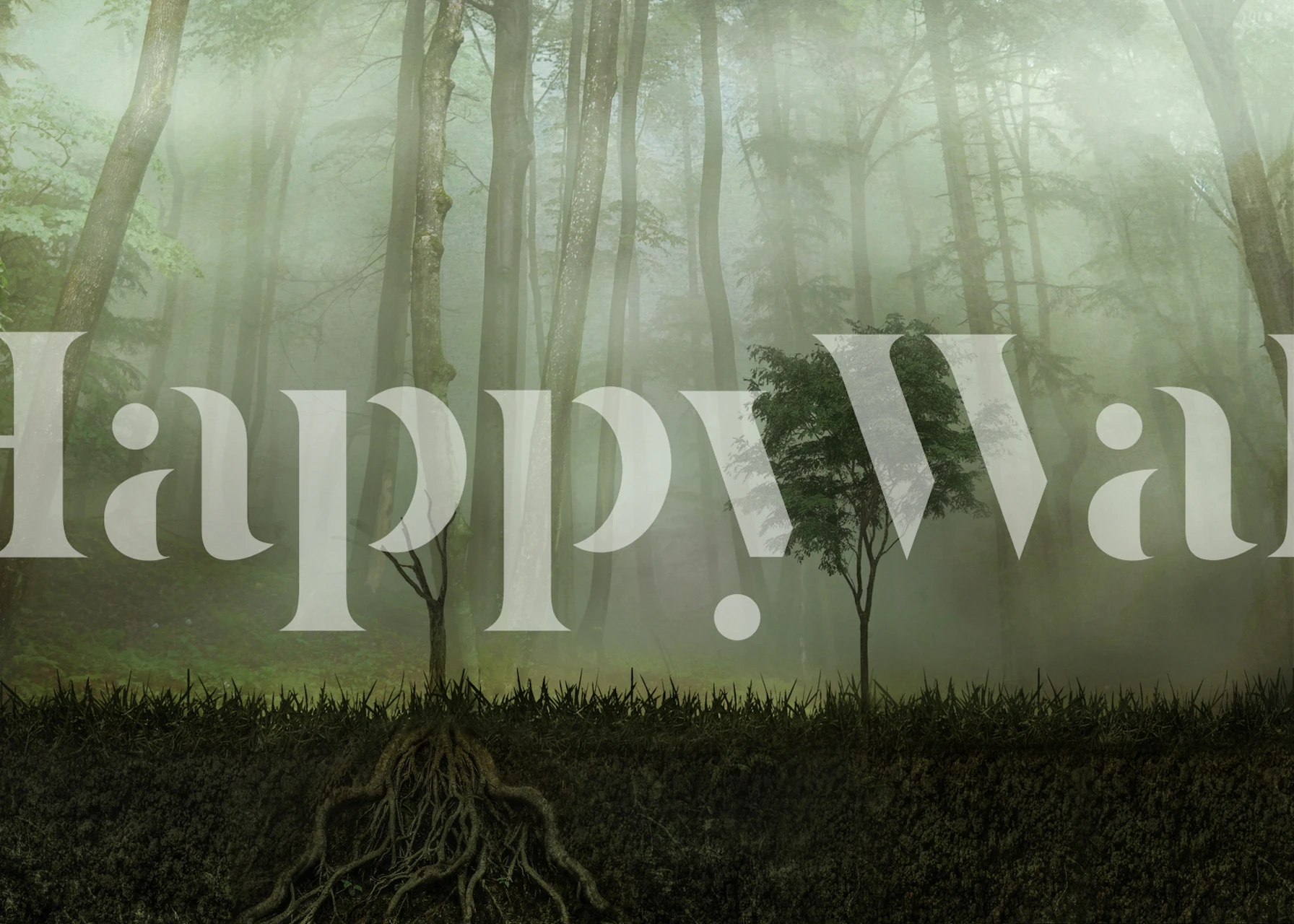 A mystical forest scene with tree roots, fog, and greenery wallpaper