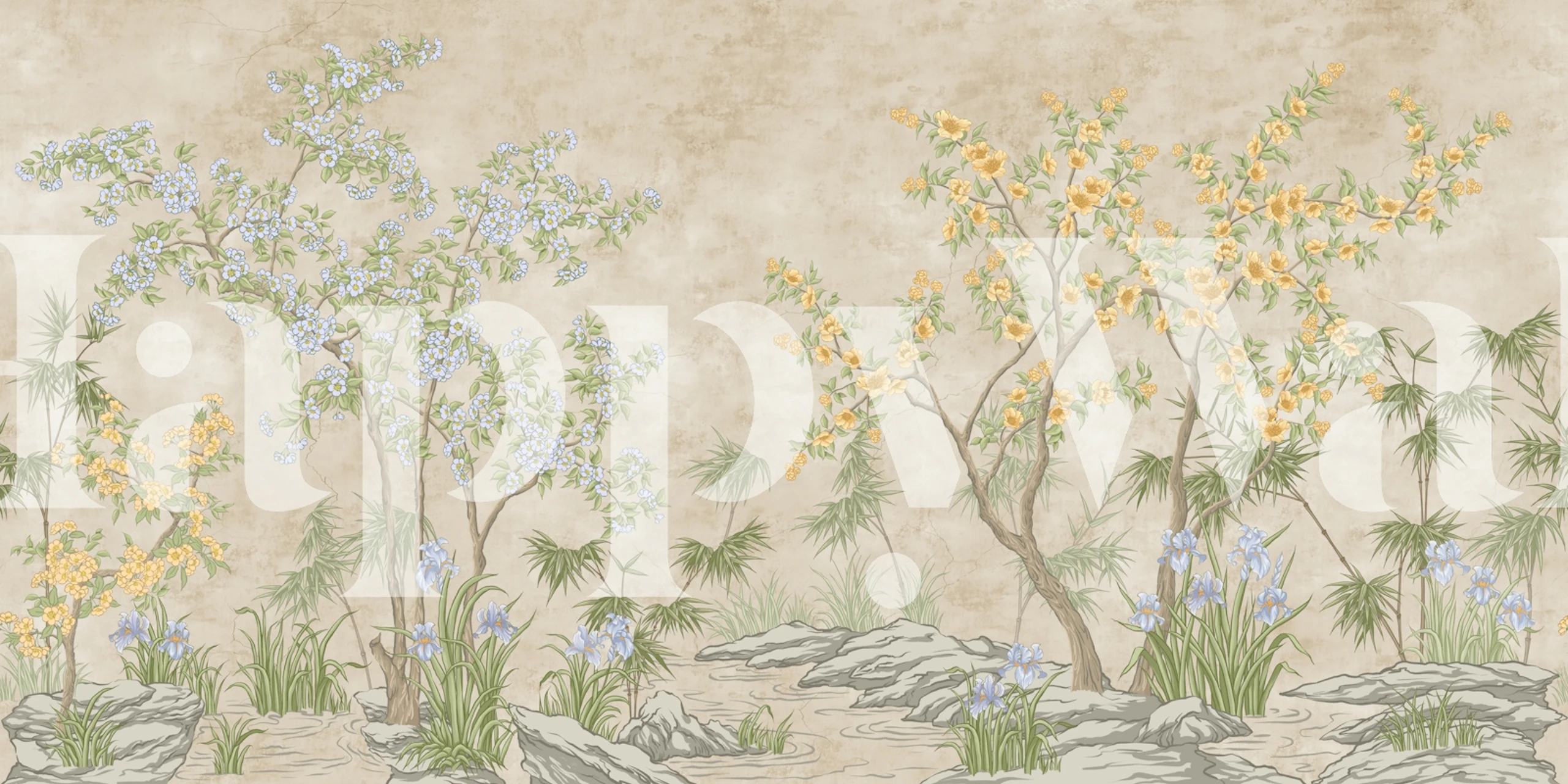 Beige chinoiserie wallpaper in a bedroom