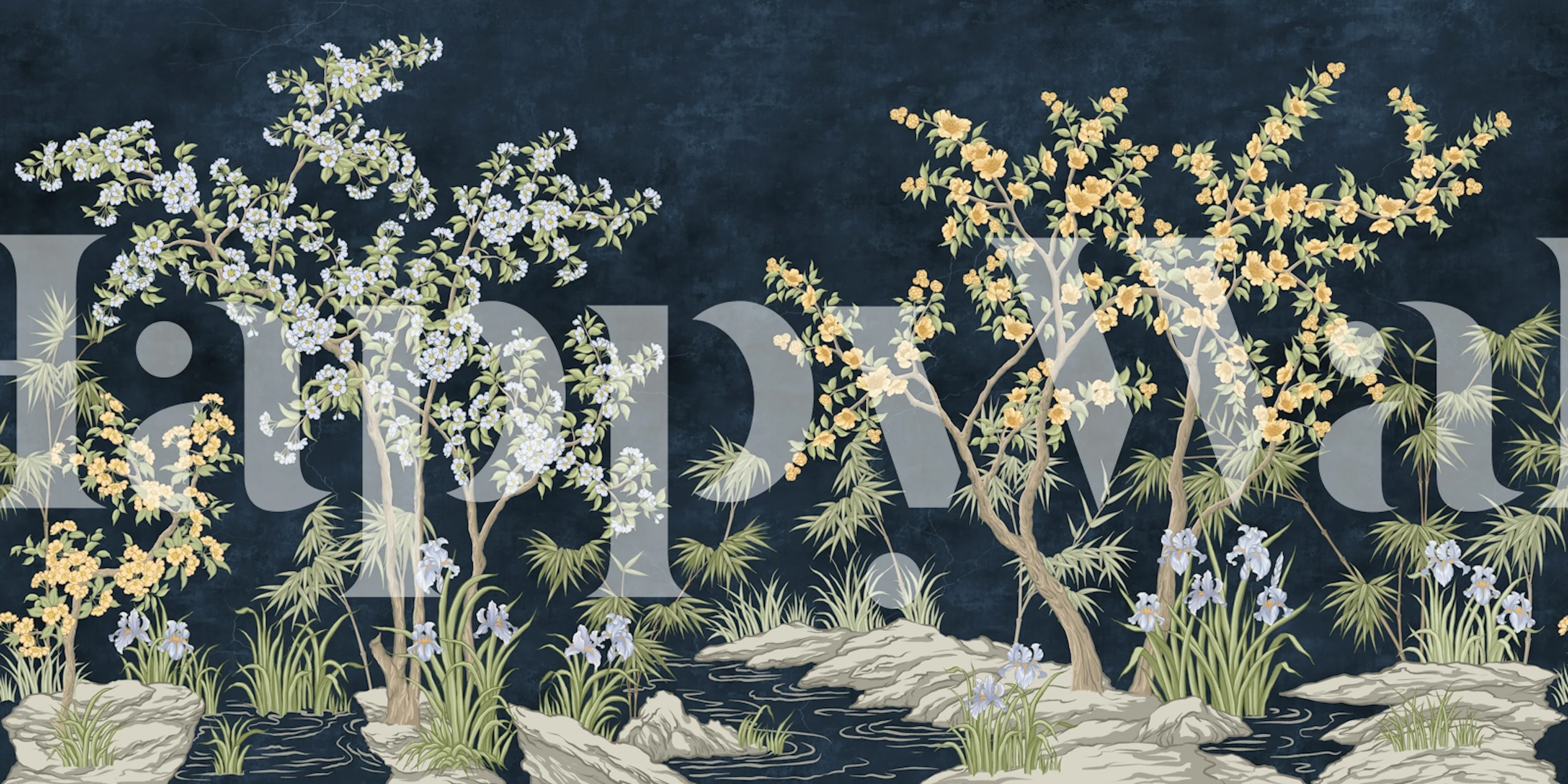 Navy chinoiserie wallpaper in a room