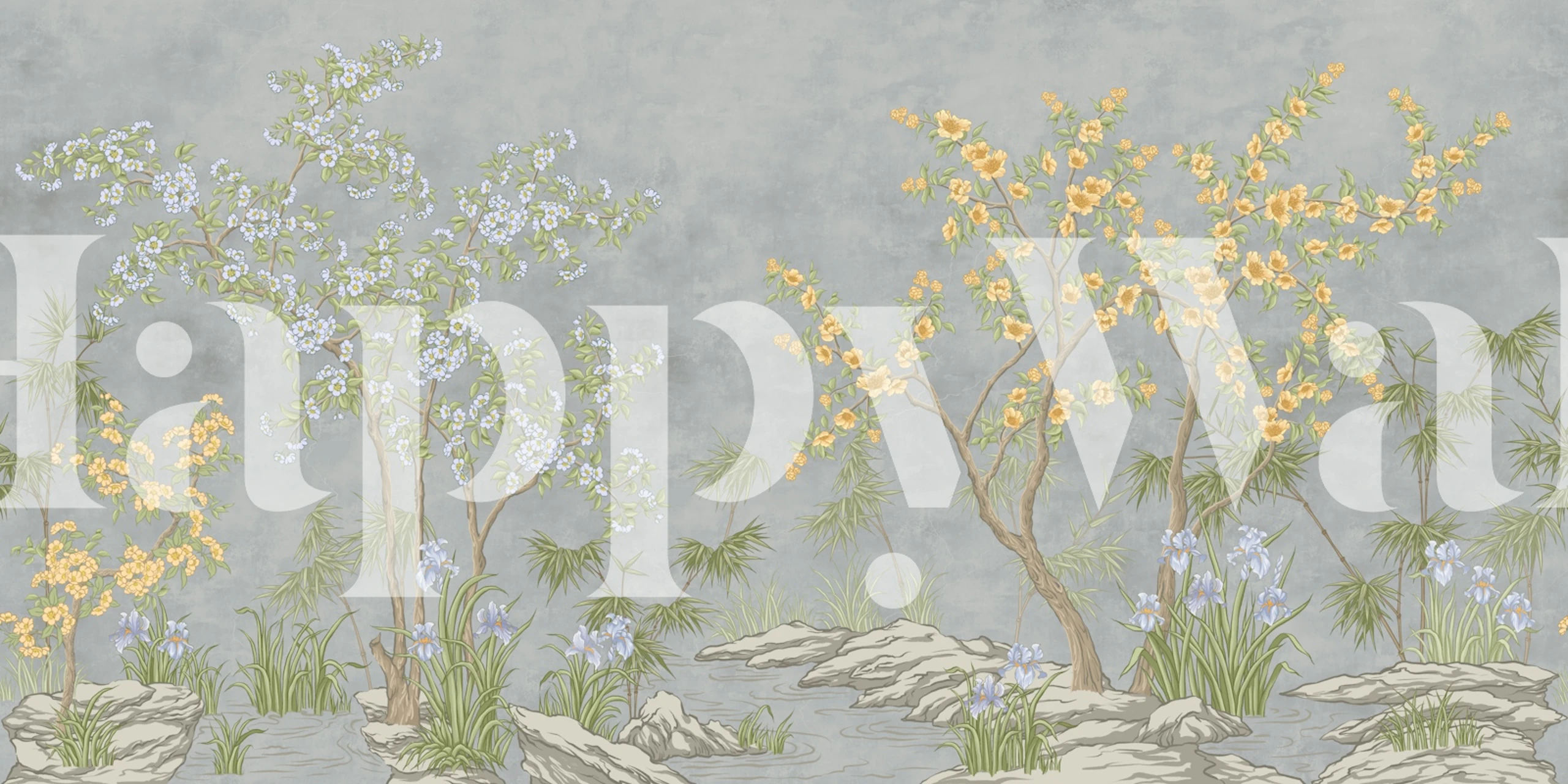 Chinoiserie floral wallpaper in a blue gray room