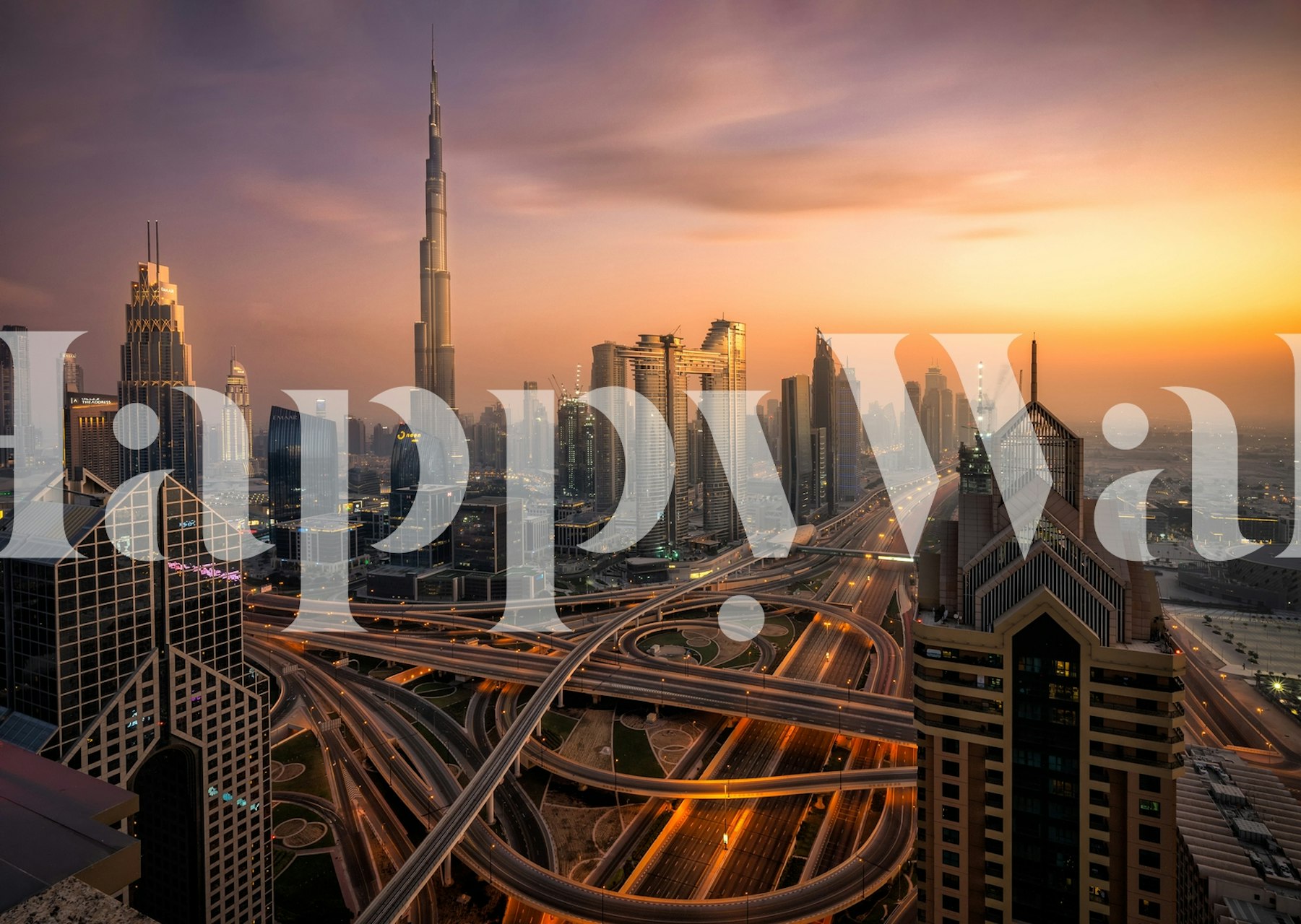 Stunning city skyline at dusk featuring skyscrapers and illuminated roads wallpaper