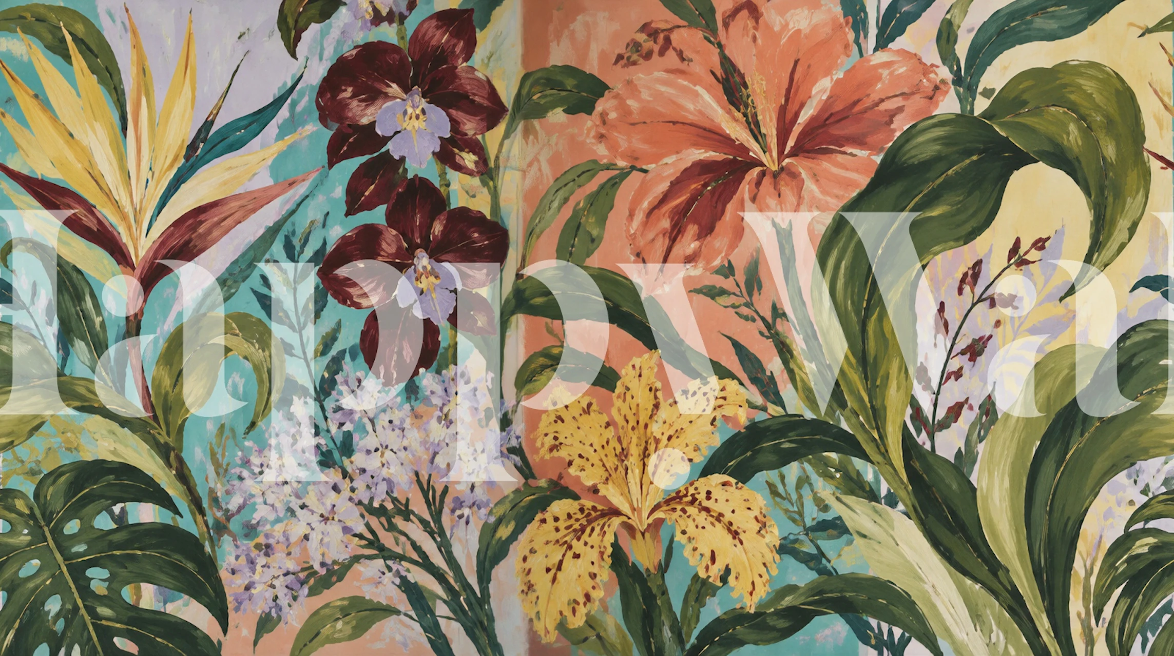 Teal tropical floral wallpaper in a room