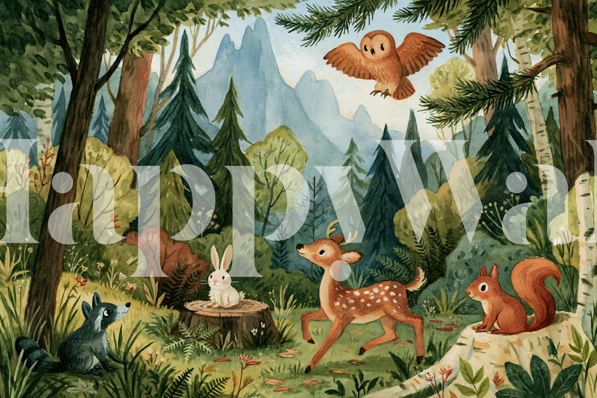 Woodland animal wallpaper in a nursery room