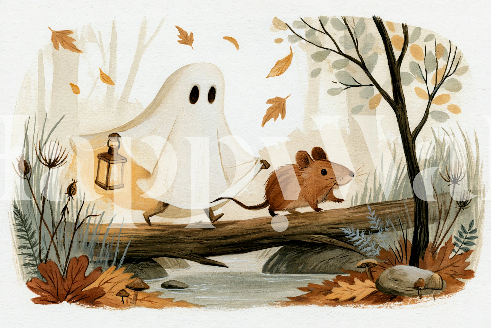 Beige ghost and mouse wallpaper in nursery room
