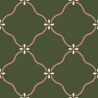 Scalloped Quatrefoil Trellis on Olive Green behang