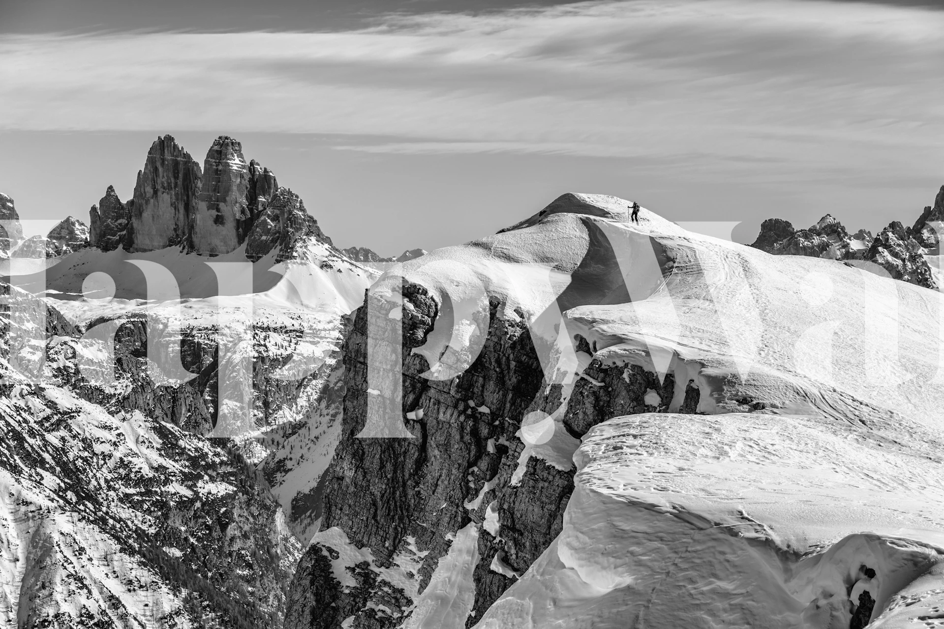 Snow-covered mountain landscape in black and white wallpaper