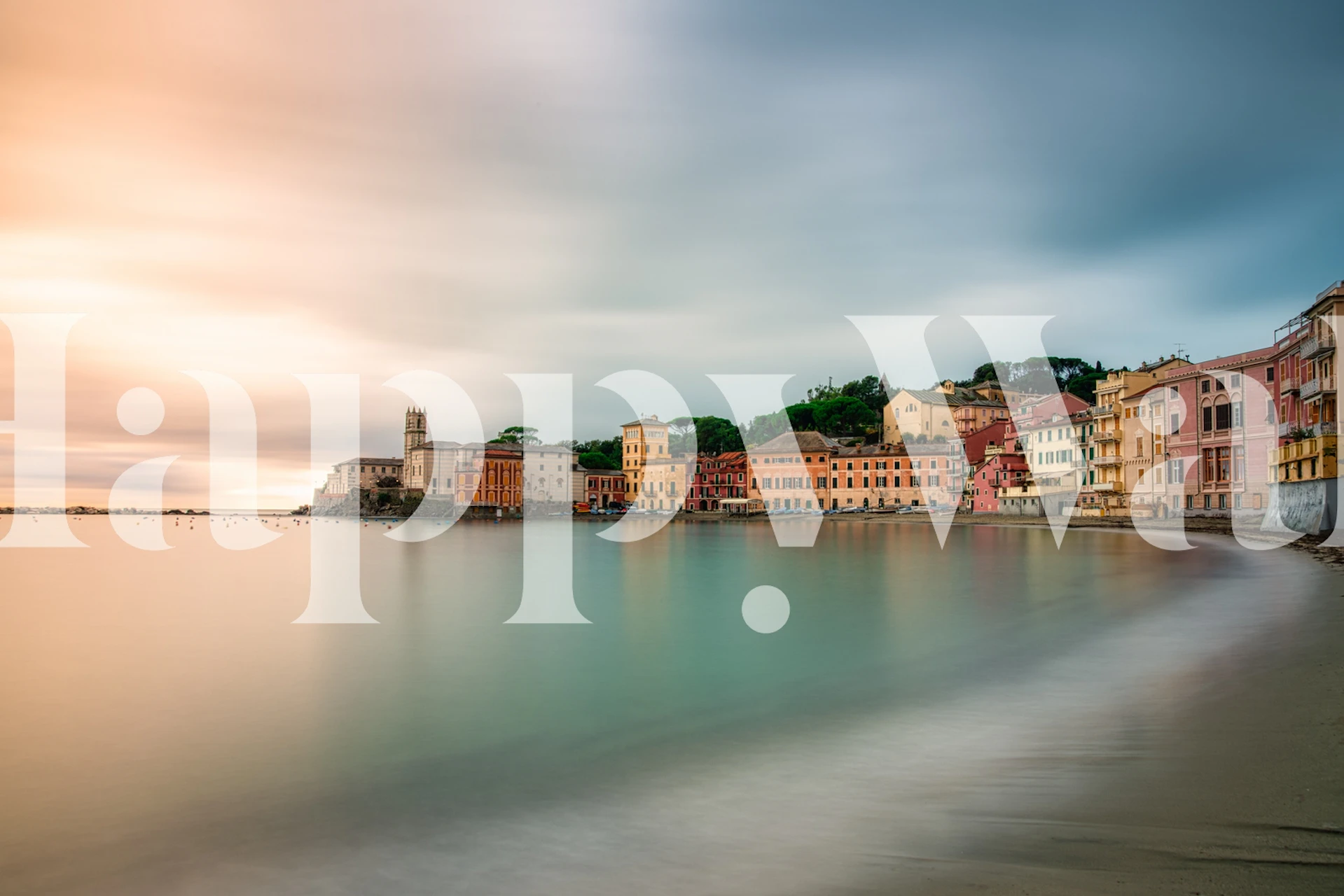 Coastal village by the water at sunset, multi-colored landscape wallpaper