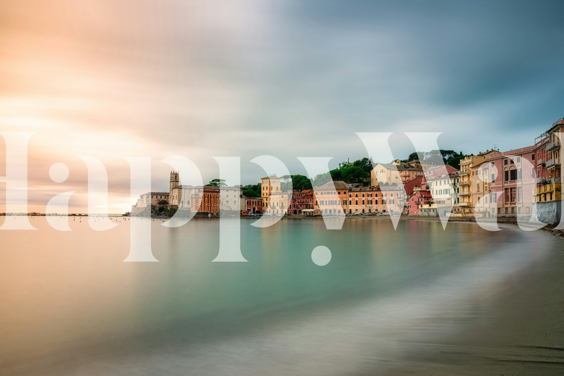 Coastal village by the water at sunset, multi-colored landscape wallpaper