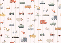 Ivory Striped Vehicles Nursery Scene papel pintado