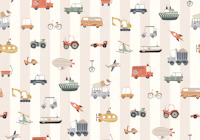 Wide Ivory Stripes With Vehicles papel pintado