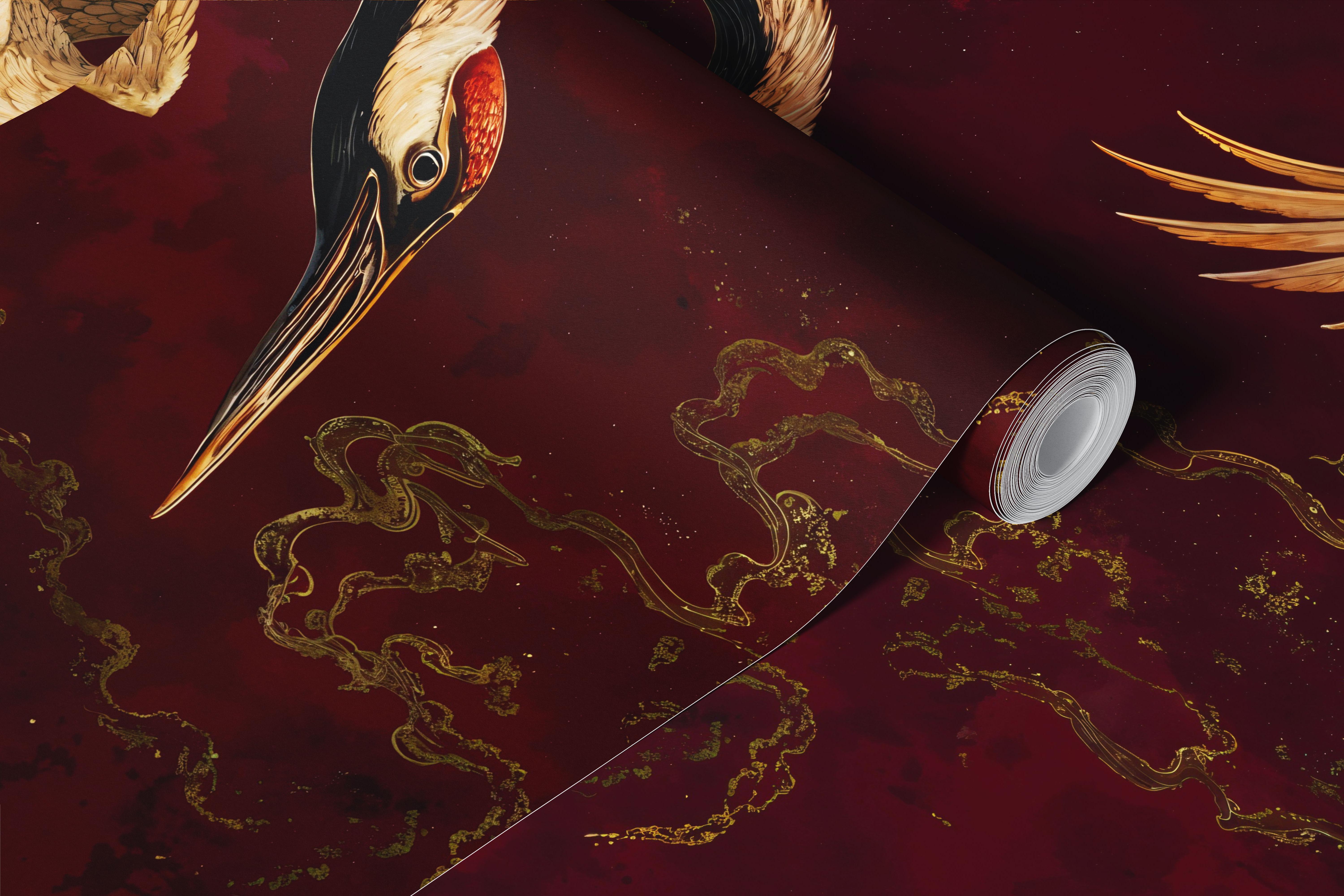 Burgundy crane wallpaper in a dining room (5/10)